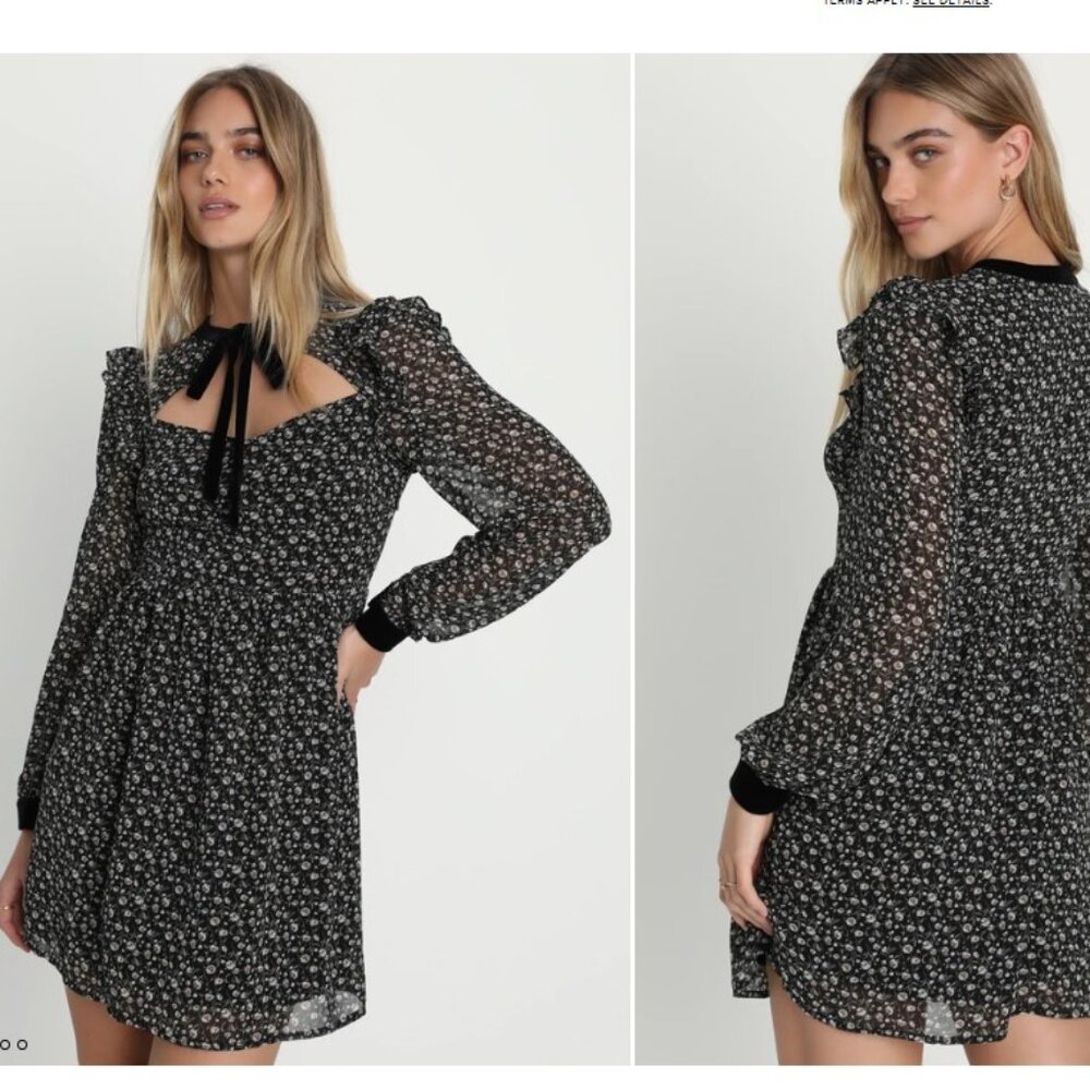 LULUS Posh Impression Black Floral Print Tie Neck Mini Dress